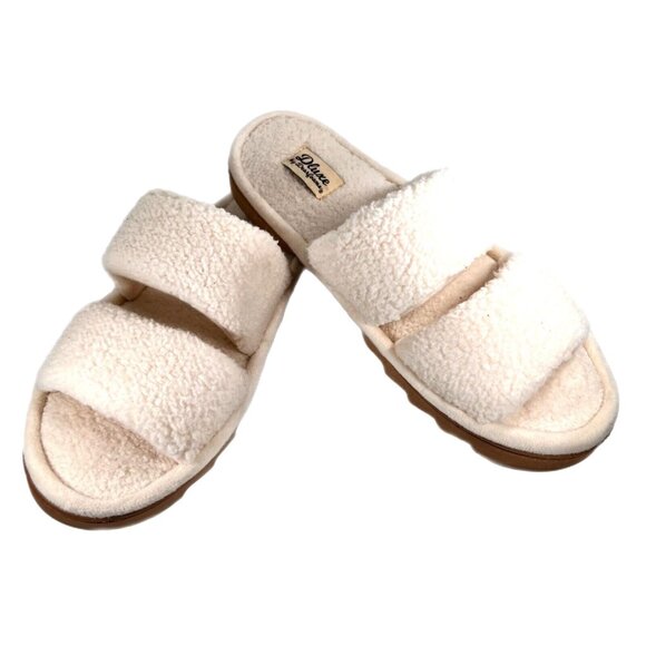 dearfoams Shoes - Womens dluxe by dearfoams Eliana Teddy Double Band Slide Slippers Cream XL 11-12
